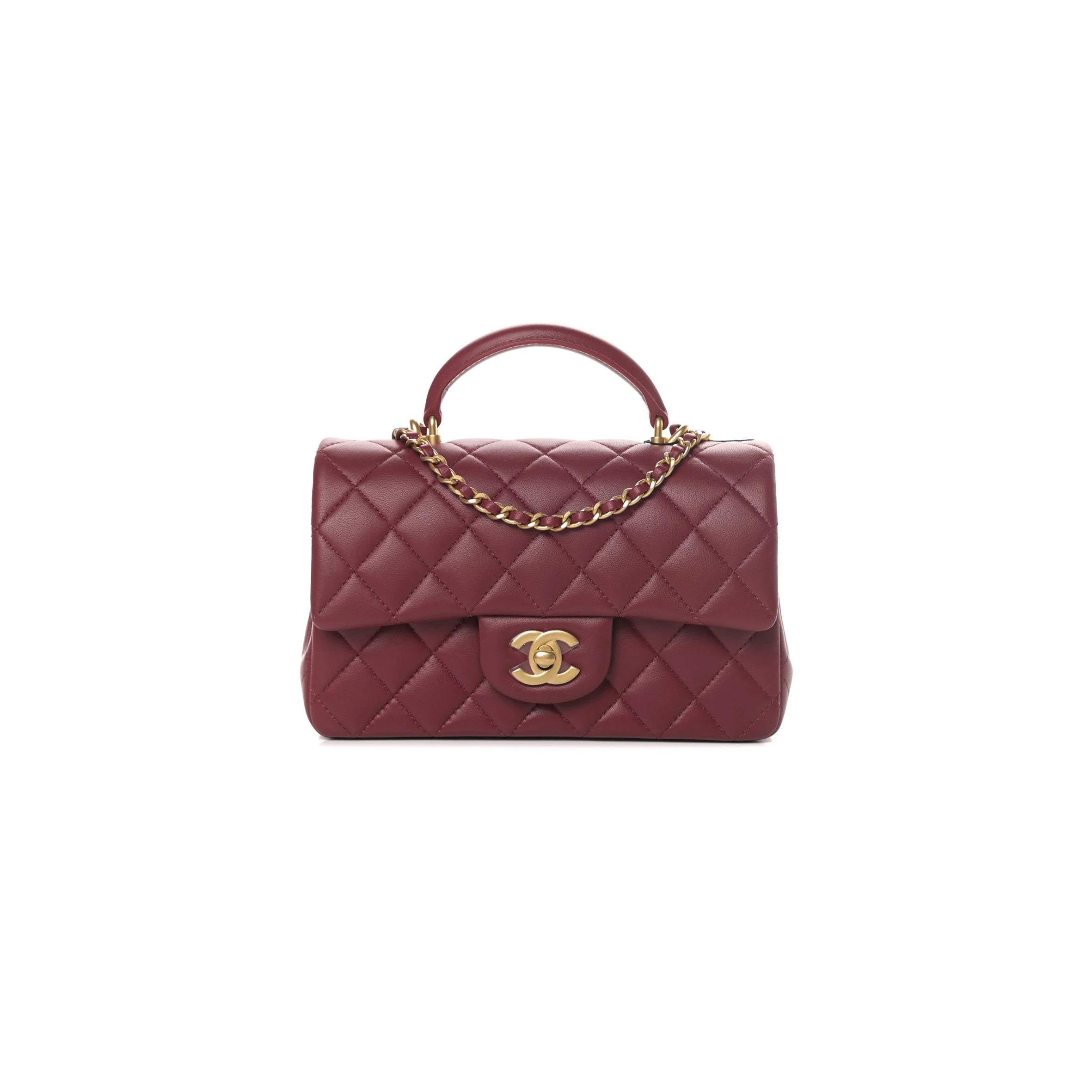 CHANEL LAMBSKIN QUILTED MINI TOP HANDLE RECTANGULAR FLAP BURGUNDY (20*12*6cm)
